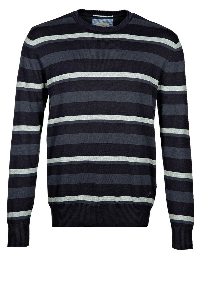 Granatowy sweter z szarymi i jasnoszarymi poziomymi paskami. Posiada okrągły dekolt oraz ściągacze przy rękawach i dole. Wykonany z dzianiny.