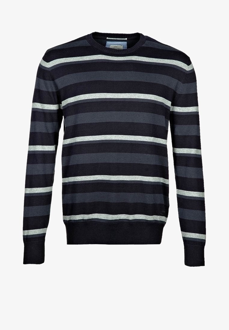 Granatowy sweter z szarymi i jasnoszarymi poziomymi paskami. Posiada okrągły dekolt oraz ściągacze przy rękawach i dole. Wykonany z dzianiny.