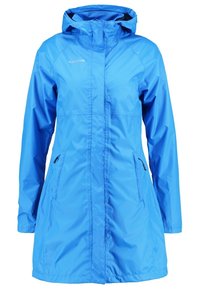 Imperméable bleu vif avec capuche, fermeture éclair frontale recouverte d’une patte coupe-vent et poches latérales zippées, design longueur genou.