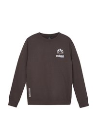 Brun sweatshirt med rund halsringning, lång ärm och ribbade muddar. Har en vit logotyp på bröstet och en sidolapp.