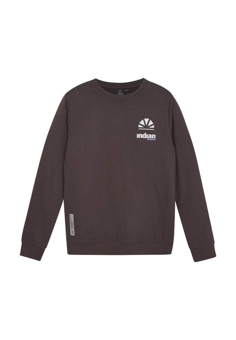 Brun sweatshirt med rund halsringning, lång ärm och ribbade muddar. Har en vit logotyp på bröstet och en sidolapp.