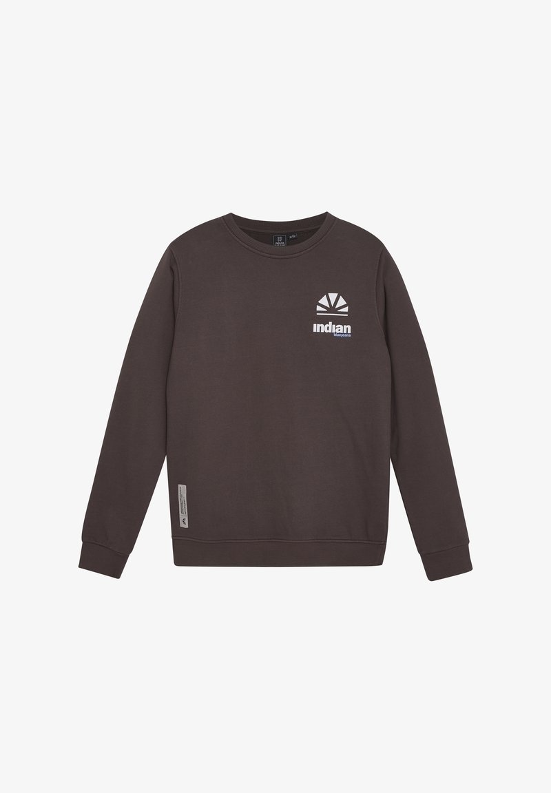 Brun sweatshirt med rund halsringning, lång ärm och ribbade muddar. Har en vit logotyp på bröstet och en sidolapp.