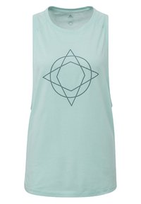 Top sin mangas de color verde menta claro con escote redondo, diseño sin mangas y un patrón gráfico geométrico gris en el centro. Textura suave.
