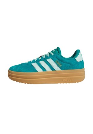Turkis Adidas sneakers med hvide striber, hvide snørebånd, tyk gummisål og Adidas-logo på siden og hælflappen.