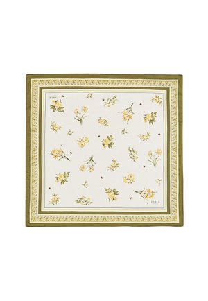 Neliönmuotoinen silkkihuivi, jossa oliivinvihreät ja keltaiset kukkareunukset, keltaisia kukkia ripoteltuna sekä pieniä mehiläisiä valkoisella taustalla.