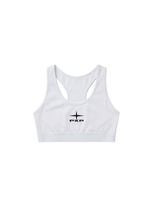 Witte sport-bh met racerback ontwerp en zwart sterlogo boven de letters "PXP" centraal aan de voorkant.