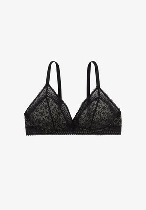 Bralette in pizzo nero con coppe triangolari, caratterizzato da intricate fantasie floreali e bordi a scallop. Spalline in satin sottili per il supporto.