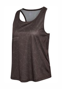 Débardeur de sport sans manches gris foncé avec un motif subtil de lignes géométriques et un tissu léger et respirant.