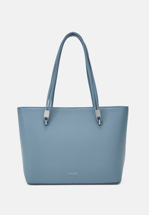 Sac cabas en cuir bleu avec double poignée et petits détails métalliques, marqué du logo "Anna Field" au centre devant.
