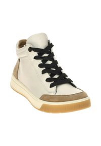 High-top sneaker in white leather with tan suede accents. Features black laces, a rubber sole, and a rounded toe design.