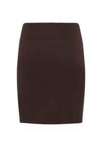 Fustă mini striată, maro, cu un design ajustat și talie largă, având o textură netedă și linii clare, fără hardware sau embellishments vizibile.