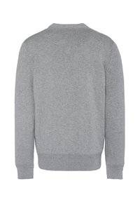 Szary sweter typu crewneck wykonany z teksturowanej dzianiny. Posiada ribbowane mankiety i dół. Gładki tył bez dodatkowych detali ani wzorów.