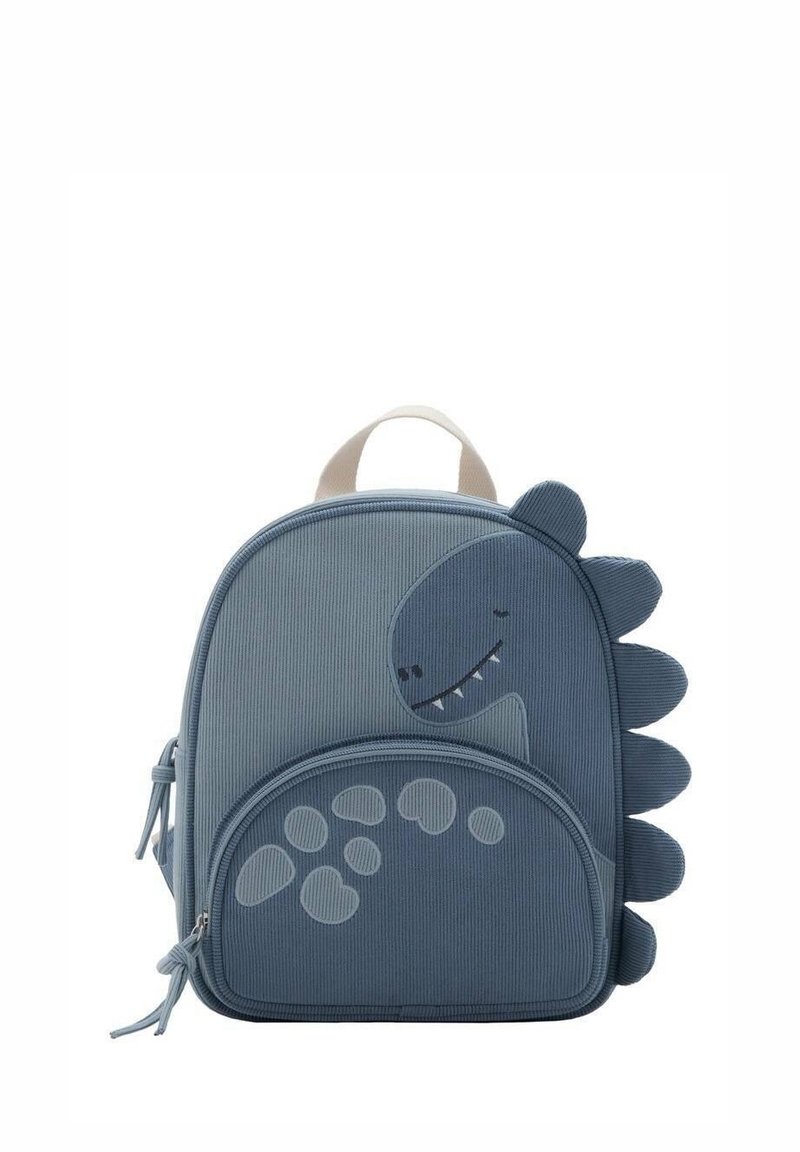Petit sac à dos bleu avec motif dinosaure, présentant des pointes sur le côté, un détail de dents et une petite poche avant zippée.