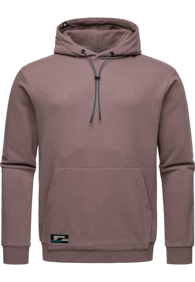 Hoodie in mauve met een voorzak, aantrekkoordsluiting, geribbelde manchetten en een logo label op de zoom. Zachte textuur.