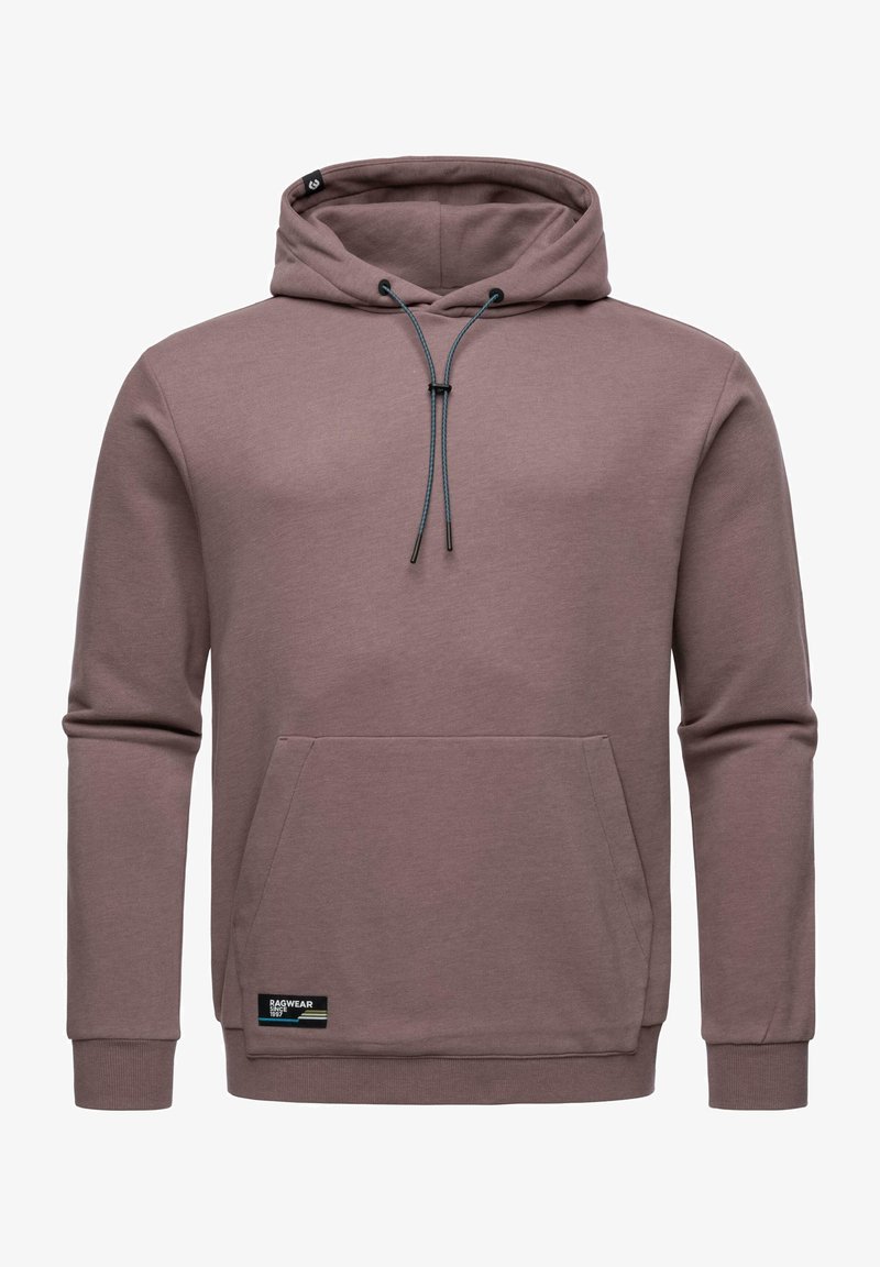 Hooded sweatshirt in mauve with a front pocket, drawstring closure, ribbed cuffs, and a logo label on the hem. Soft texture.