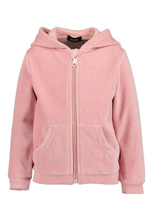 Helle rosa Fleece-Hoodie mit einem Frontreißverschluss, zwei Seitentaschen und gerippten Bündchen. Der Stoff hat eine weiche, strukturierte Oberfläche.