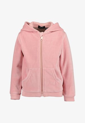 Helle rosa Fleece-Hoodie mit einem Frontreißverschluss, zwei Seitentaschen und gerippten Bündchen. Der Stoff hat eine weiche, strukturierte Oberfläche.