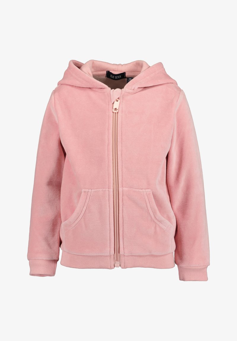 Felpa con cappuccio rosa chiaro in pile, caratterizzata da una cerniera frontale, due tasche laterali e polsini a costine. Il tessuto ha una finitura morbida e testurizzata.