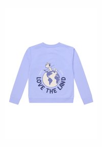 Sudadera de color lila claro con un gráfico de un globo y un personaje. El texto dice "AMA LA TIERRA" y "CUÍDALA". Material de algodón, cuello redondo y mangas largas.