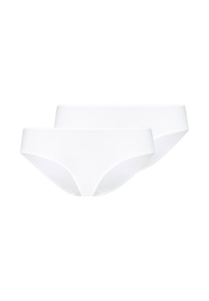 Two plain white seamless women's bikini-cut underwear briefs, stacked with one slightly behind the other, on a white background.