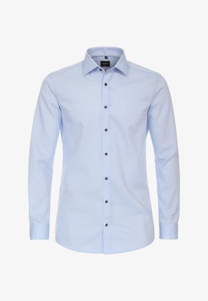 Light blue button-up shirt with a textured pattern, long sleeves, and black buttons. Features a pointed collar and a straight hem.