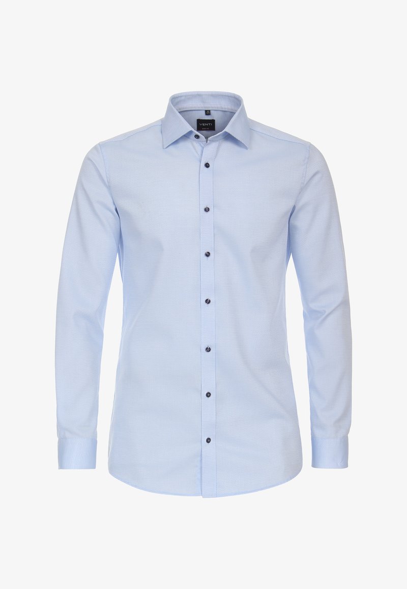 Light blue button-up shirt with a subtle check pattern, long sleeves, and dark buttons. Standard collar and fitted design.