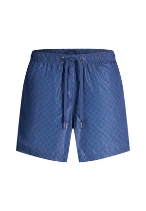 Costume da bagno da uomo blu con motivo geometrico sottile, vita elasticizzata e coulisse frontale con punte in metallo.