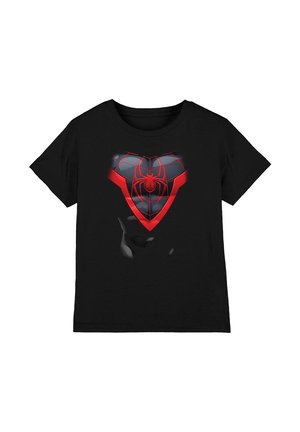 Black cotton t-shirt featuring a large red and gray Spider-Man logo in the shape of a heart. Short sleeves and a standard crew neck.