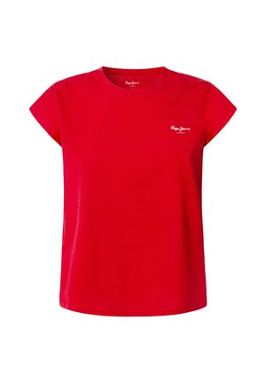 Rdeča bombažna majica s kratkimi rokavi in okroglim ovratnikom, z majhnim belim logotipom na prsih. Gladka tekstura in sproščen kroj.