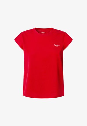 Rdeča bombažna majica s kratkimi rokavi in okroglim ovratnikom, z majhnim belim logotipom na prsih. Gladka tekstura in sproščen kroj.