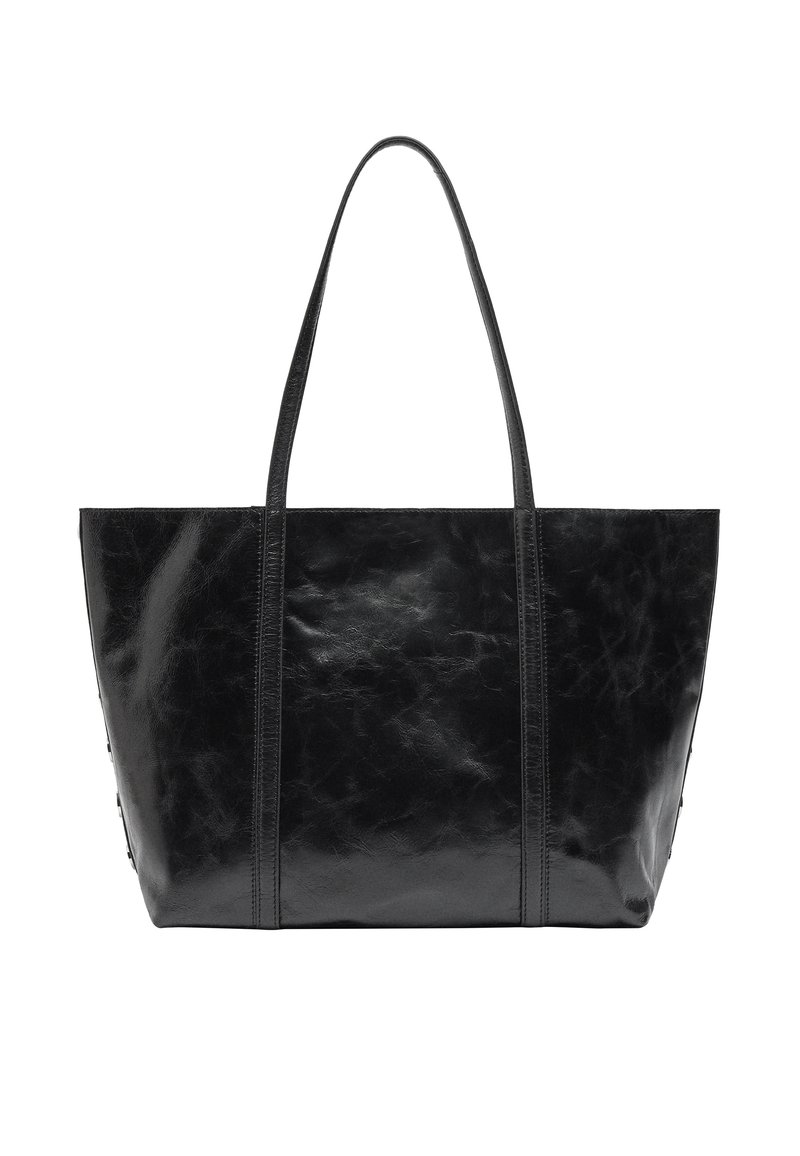Czarna skórzana torba tote o gładkiej, połyskującej teksturze. Posiada dwa długie uchwyty oraz konstrukcyjny kształt, z pionowym przeszyciem dla uwydatnienia detali.