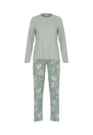 Lichtgroene langermige top met een ronde hals, gecombineerd met lichtgroene broek met een patroon van bloemen en een gladde textuur.