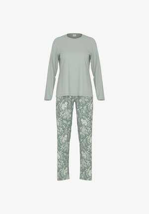 Vaaleanvihreä pitkähihainen toppi, jossa on pyöreä kaula-aukko, yhdistettynä kuvioituihin vaaleanvihreisiin housuihin, joissa on kukkakuviot ja sileä pinta.