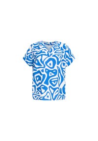 Blauw-witte top met korte mouwen met een abstract patroon van organische vormen. V-hals ontwerp, gemaakt van een ademende stof.