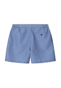 Pantaloni da bagno blu con un motivo geometrico bianco, vita elasticizzata e tasca posteriore con chiusura a bottone. Tessuto leggero.