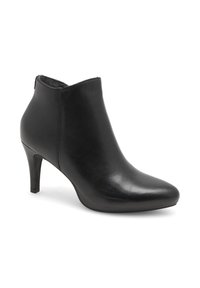 Czarne skórzane botki za kostkę z szpiczastym noskiem i 3-calowym obcasem. Gładka faktura, nisko cięta cholewka i minimalne detale szycia.