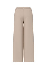 Pantalon beige à jambes larges, taille haute, passants de ceinture et poches arrière visibles, vu de dos sur fond blanc.