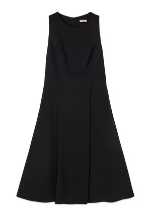 Mouwloze zwarte midi-jurk met een ronde halslijn en een getailleerde taille, voorzien van een rits aan de achterkant.