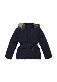 Marineblauer Puffer-Jacke mit einer Kapuze mit Kunstfellbesatz, tailliertem Schnitt, zwei Vordertaschen und einer weichen, strukturierten Optik.
