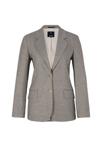 Grijze houndstooth-patroon blazer met een notch-kraag, twee knopen en twee voorzakken. Voering van een lichte stof.