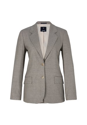 Blazer grigio a motivo houndstooth con collo a punta, due bottoni e due tasche frontali. Interno foderato con un tessuto leggero.