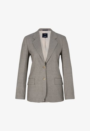 Grijze houndstooth-patroon blazer met een notch-kraag, twee knopen en twee voorzakken. Voering van een lichte stof.