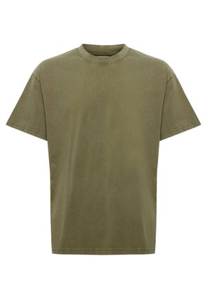 T-shirt vert olive en coton avec un col rond, des manches courtes et une coupe décontractée. Texture lisse et ourlet droit.