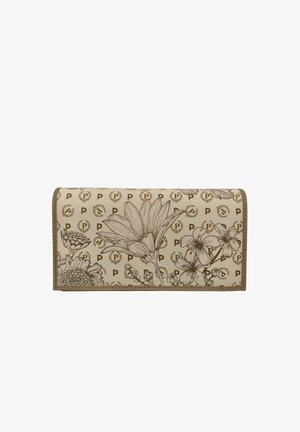 Portafoglio beige con schizzi floreali marroni e motivo monogramma "P" ripetuto, rettangolare con bordi cuciti.