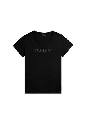 T-shirt noir à manches courtes avec col rond et logo "FREDDY" imprimé en style contour sur la poitrine.