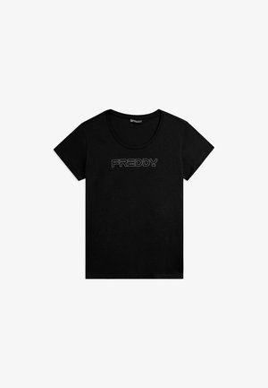 T-shirt nera a maniche corte con scollo rotondo e logo "FREDDY" stampato in stile contorno sul petto.