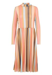 Sukienka z długim rękawem, ozdobiona pionowymi paskami w odcieniach różu, niebieskiego i brązu, z dopasowaną górą i rozkloszowanym dołem. Miękka faktura materiału.