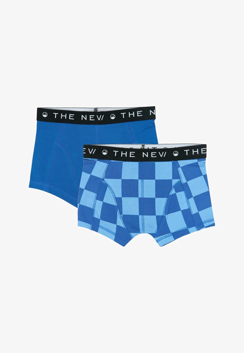Deux paires de slips pour garçons ; l'une est bleu foncé uni, l'autre bleu clair avec un motif à carreaux. Les deux ont une ceinture élastique noire.