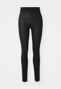 Leggings neri a vita alta con un design aderente, vita senza cuciture e texture liscia esposti su uno sfondo bianco.