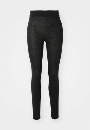 Black high-waisted leggings with a fitted design, seamless waistband, and smooth texture displayed against a white background.